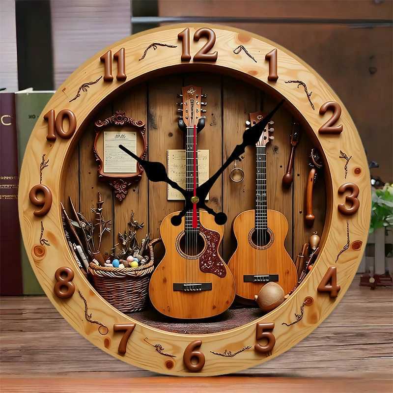 Guitar Music Wooden Round Silent Hanging Wall Clock Suitable For Living Room Office Study Room Bedroom Home Decoration C251015
