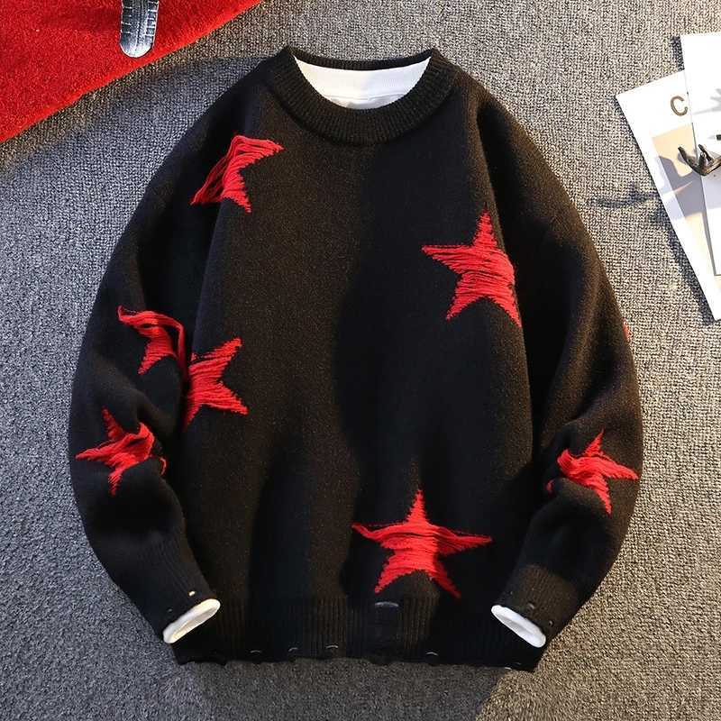 Harajuku Trend Star Pattern Knitted Sweater for Men Round Neck Pullovers Hip Hop Contrast Color Sweaters Women Men Knitwear J251015