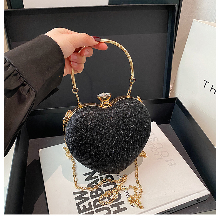 Fashion High-end Textured Versatile Chain Handbag for Weddings & Evening Parties Women's Cute Heart-shaped Mini Clutch with Rhinestones