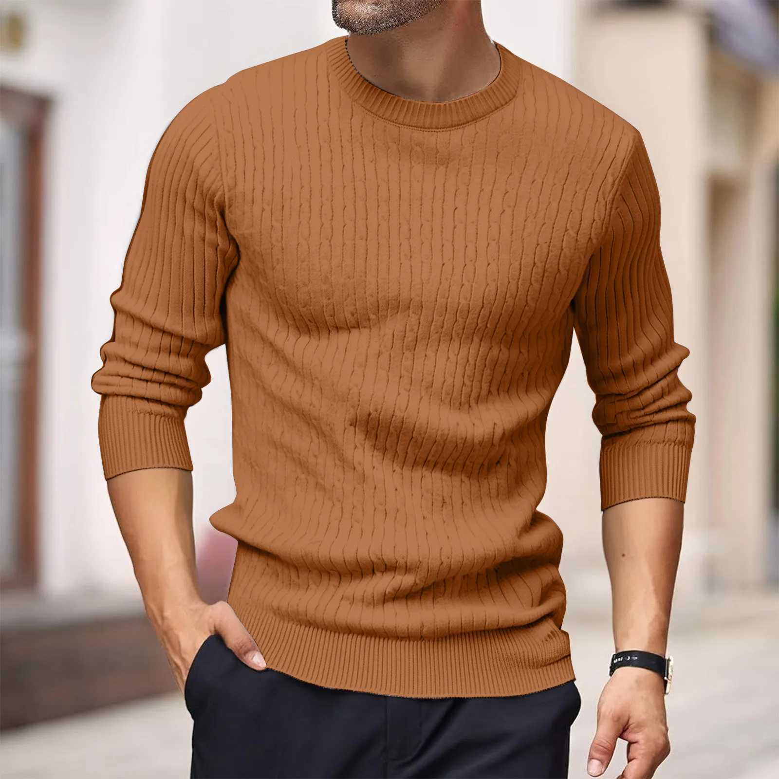 Mens Autumn Pullover Sweaters Solid Color Cable Knit Round Neck Sweater Slim Fit Long Sleeve Tops Warm Base Layer Knitwear J251015