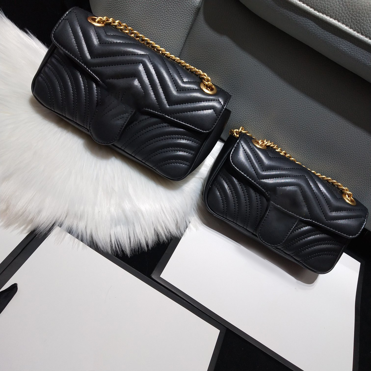 Women's Black Leather Quilted Bag with Adjustable Gold Chain Strap, Multiple Sizes, Metal Accents - Elegant & Versatile for Daily & Commute Use H