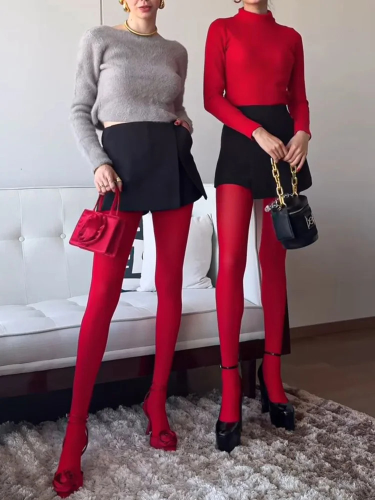 Trendix Red Stockings Women Bodycon Super Elastic See Through Lace Pantyhose Autumn Sexy Slim Elegant Burgundy Tights Winter 251015