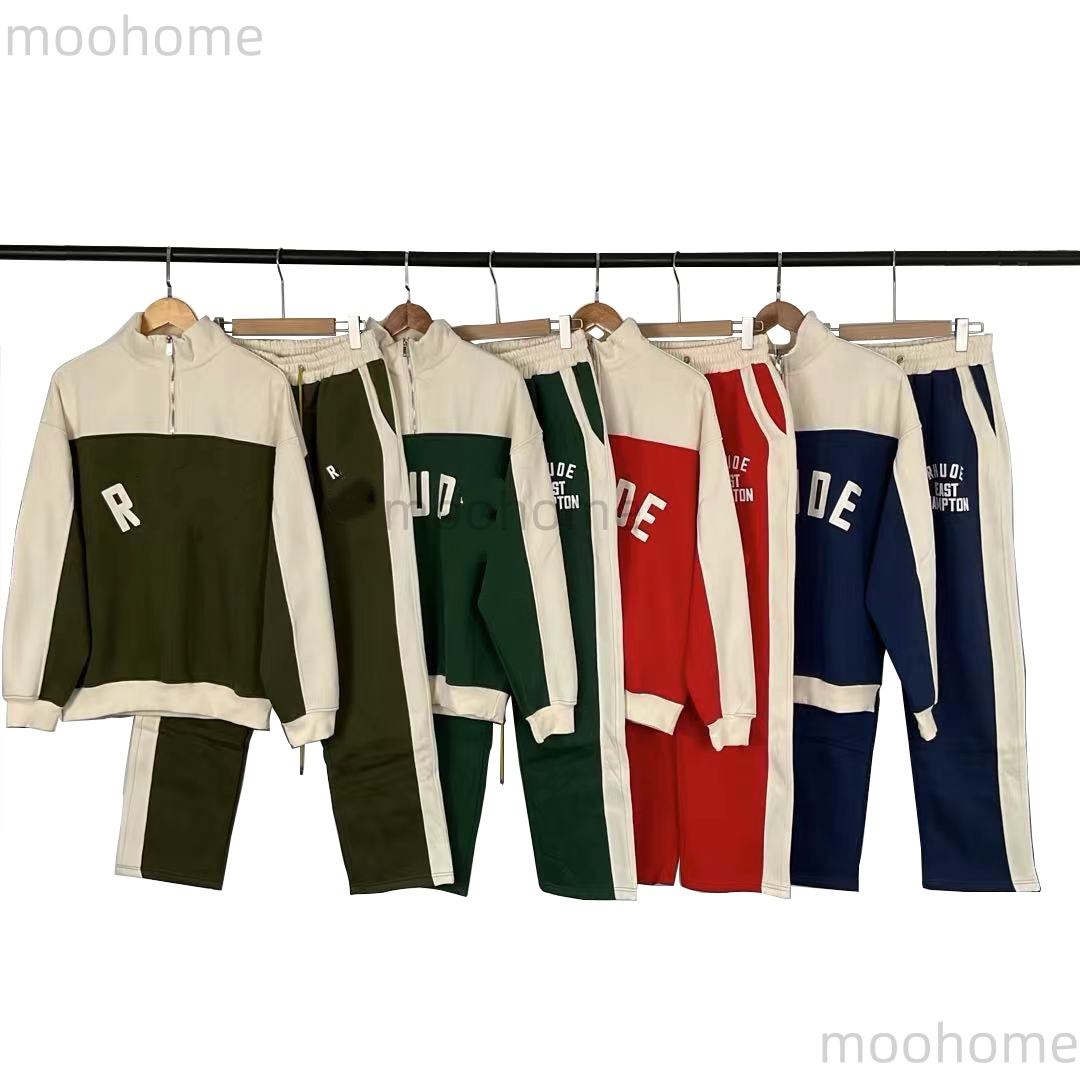 Designer Men's and Women's Hoodies RH Streetwear Color-Block Fleece-Lined Half-Zip Hoodie & Couple's High-Street Athletic Pants Set