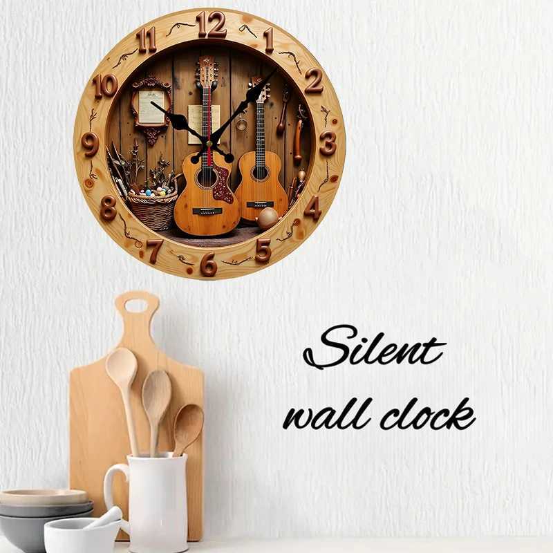 Guitar Music Wooden Round Silent Hanging Wall Clock Suitable For Living Room Office Study Room Bedroom Home Decoration C251015