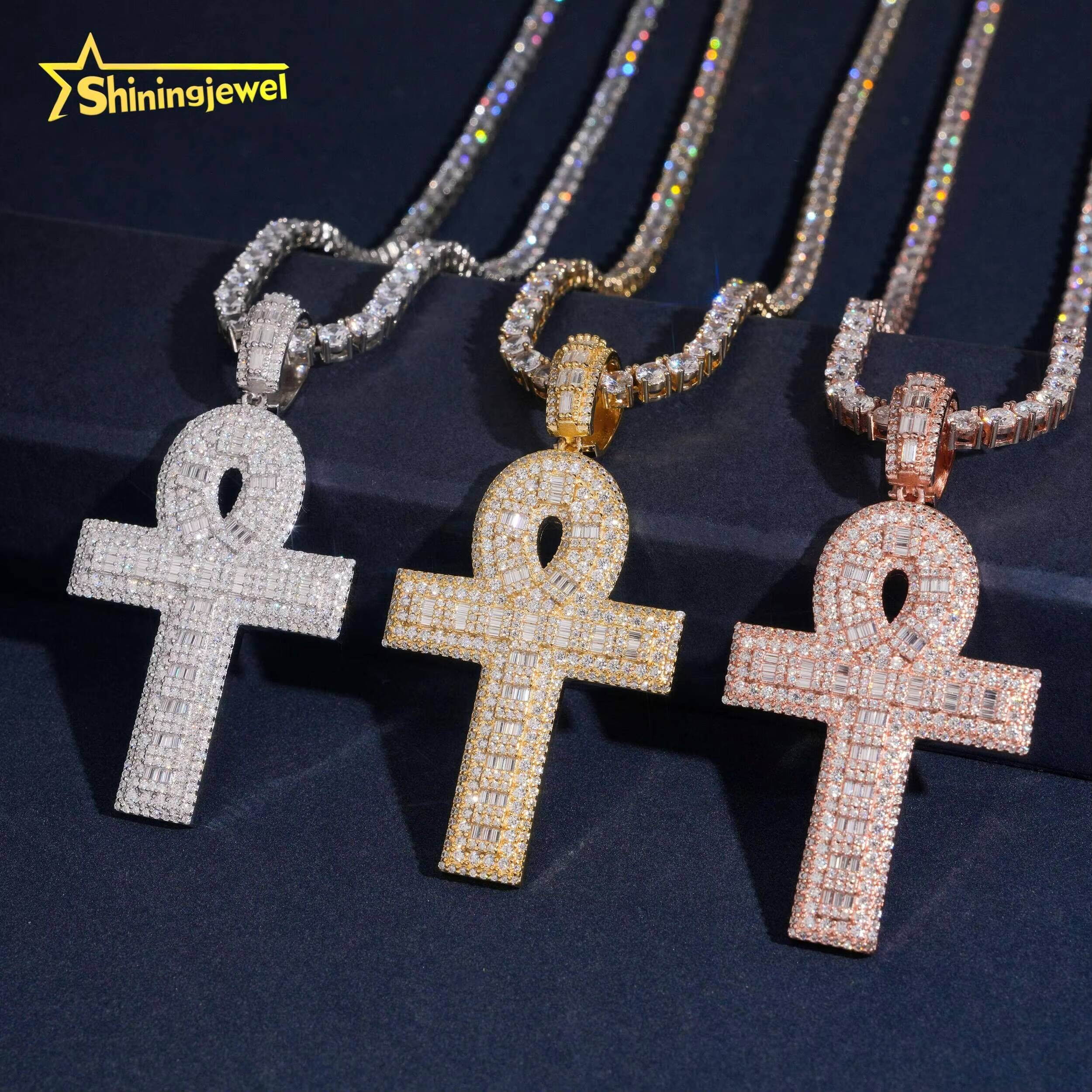 Hip Hop Iced Out 925 Sterling Silver Gold Plated Charm Pendant Pass Diamond Test Baguette Moissanite Cross Pendant