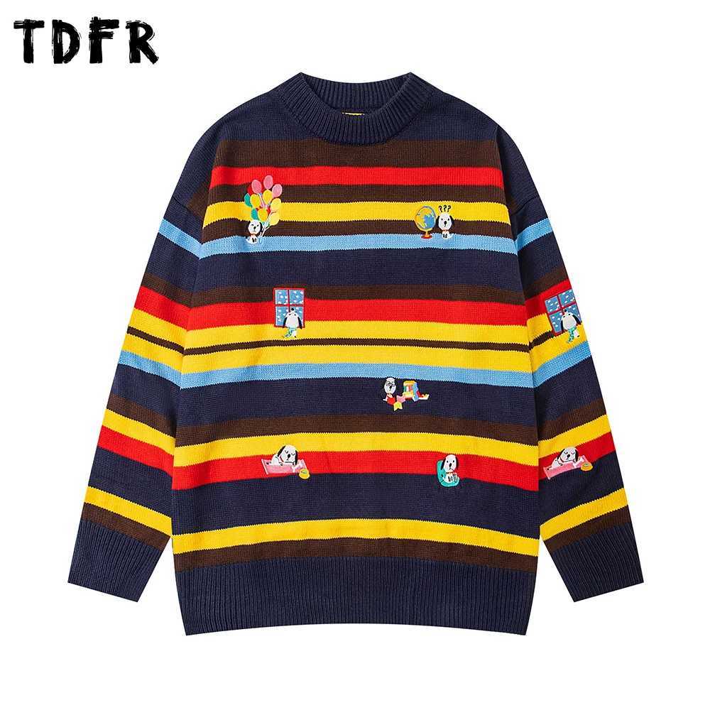 Retro Contrast Paneled Striped Sweater Mens Embroidery Autumn Winter Casual Loose Knitted Crew Neck Pullover Man J251015