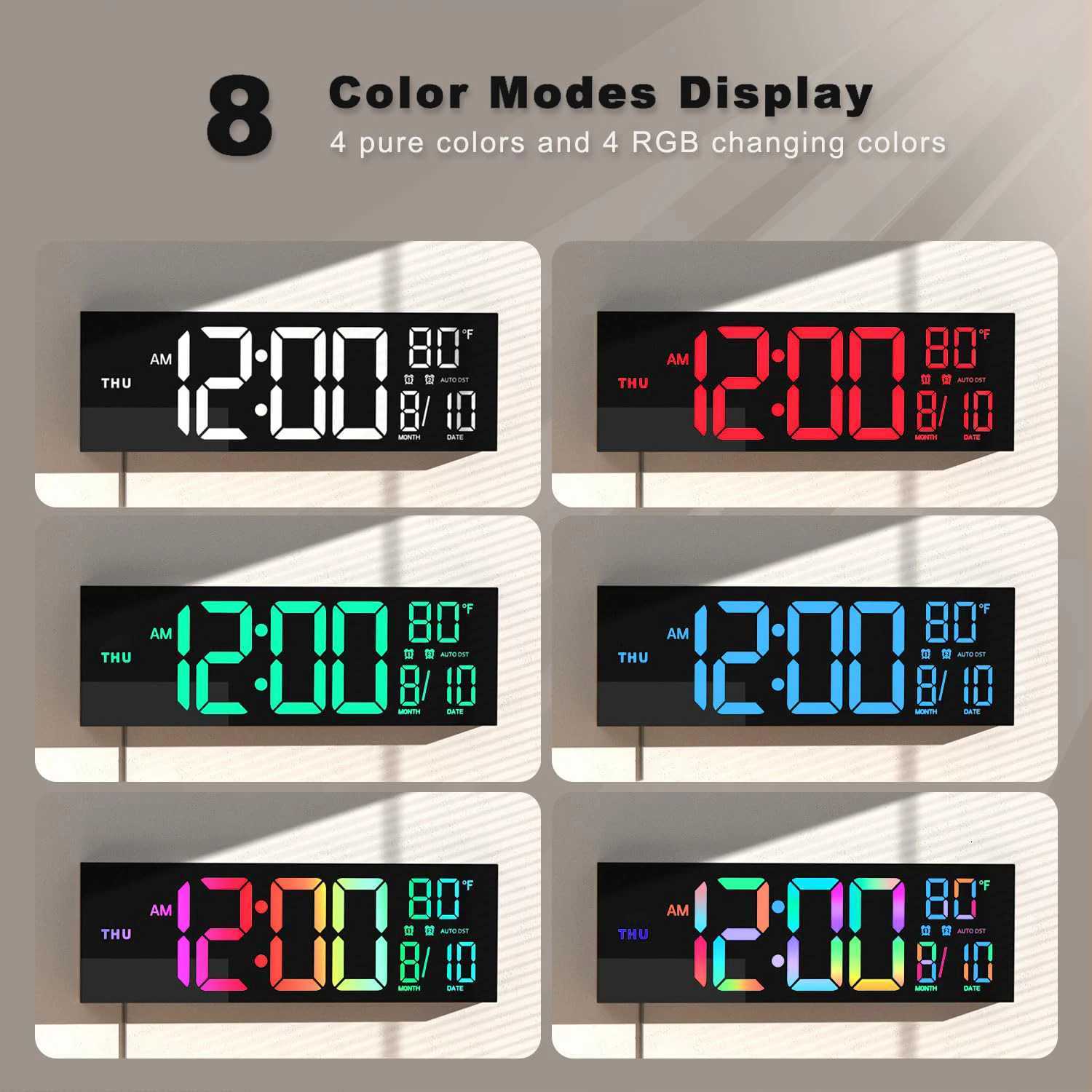 16 Large Digital Wall Clock Big LED Display with Remote 8 RGB Color Alarm DST Temperature for Living Room Kitchen C251015