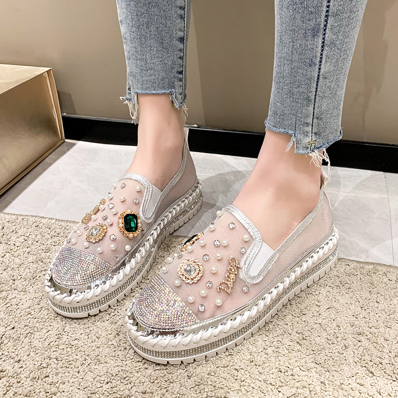 Designer Platform Loafers Women Summer Mesh Breathable Sneakers Rhinestone Pearl Flat Shoes Slip-On Pink Single Shoes Ladies Footwear Comfortable Walk
