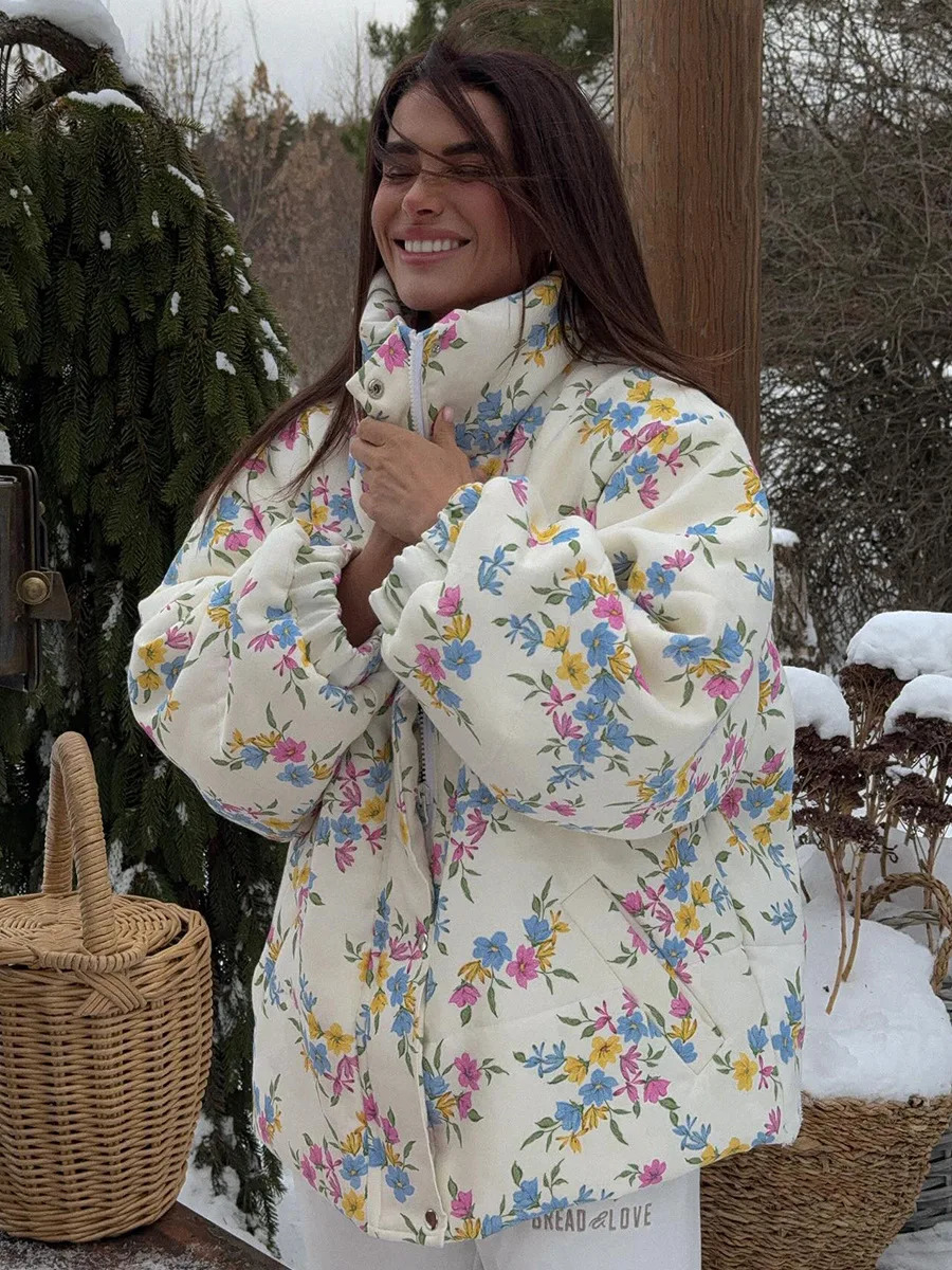 Wolfeel Womens Puffer Jacket Oversized Stand Up Collar Zipper Closure Floral Print Warm Cotton Filled Coat Autumn Winter 251011