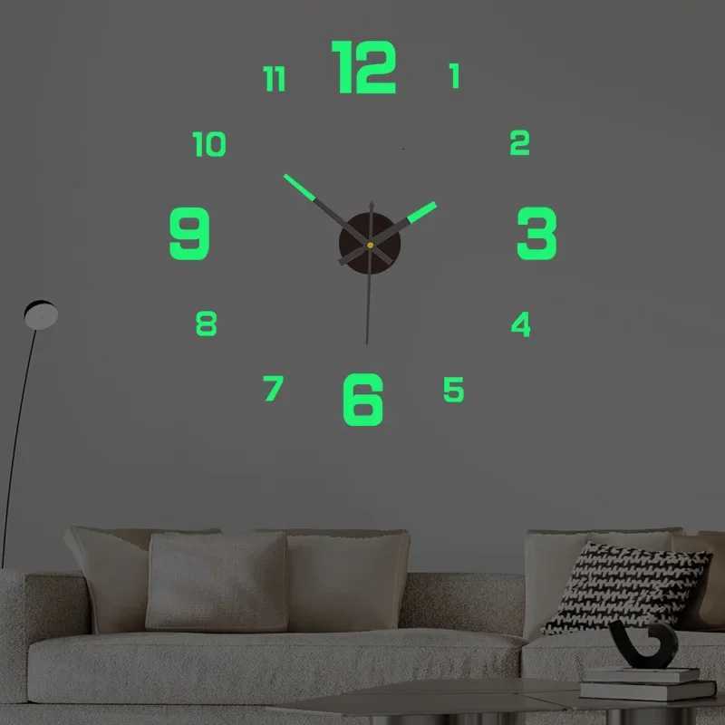minimst glowing clock nodrill frameless silent hanging clock living room bedroom wall sticker decoration clock C251015