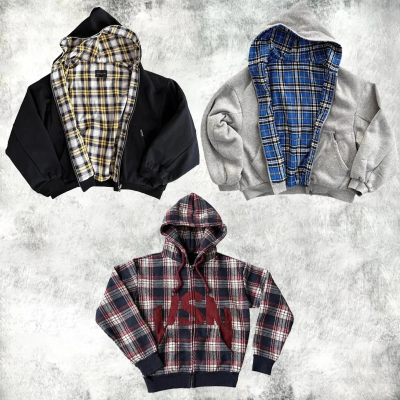 Y2K Both Sides Zip Up Hoodie Grid fabric fashion Korean Dark Simple Harajuku Oversized Hoodie Sweatshirt Gothic jacket top 251009