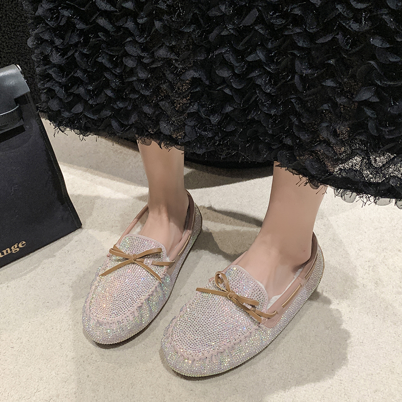 High Quality Fur Plush Women's Flat Shoes New Fashionable Women's Luxury Loafers Water Diamond Casual Shoes Plus Size Winter Work Shoes Desi
