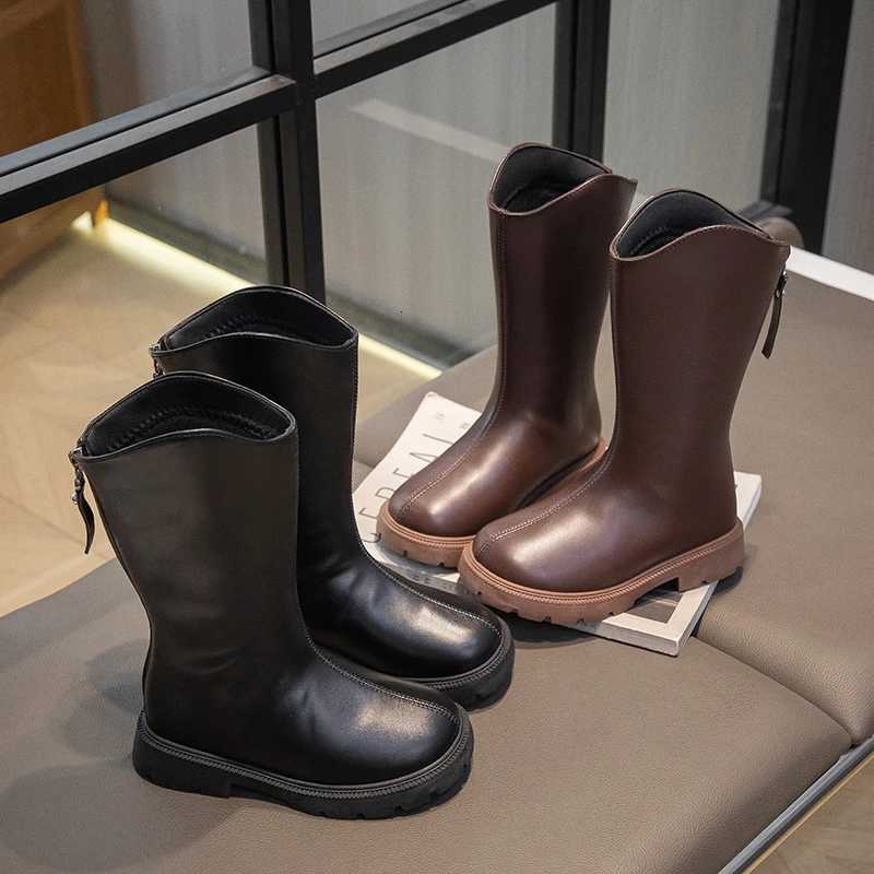 Fashion Childrens School Leather Boots Classic Black Brown Girls Causal Platform Boots Roundtoe Kids Catwalk Midcalf BootsT251015
