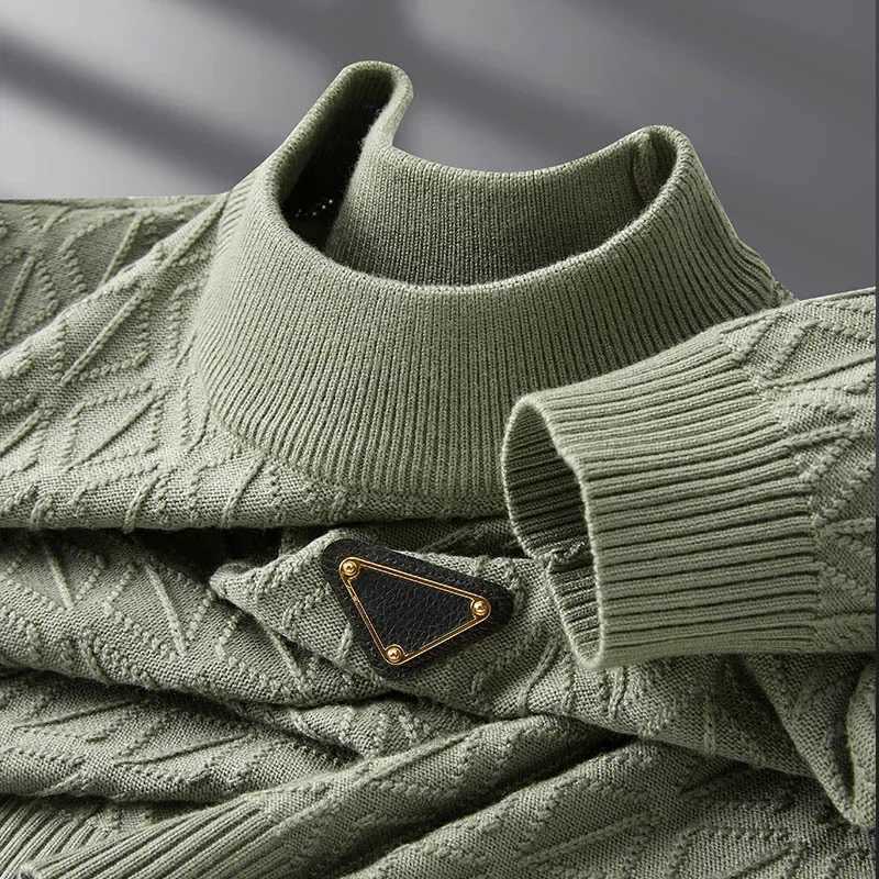 Minglu Autumn Winter Knitted Mens Sweaters Luxury Long Sleeve Mock Turtleneck Jacquard Solid Color Casual Pullover Man Sweaters J251015