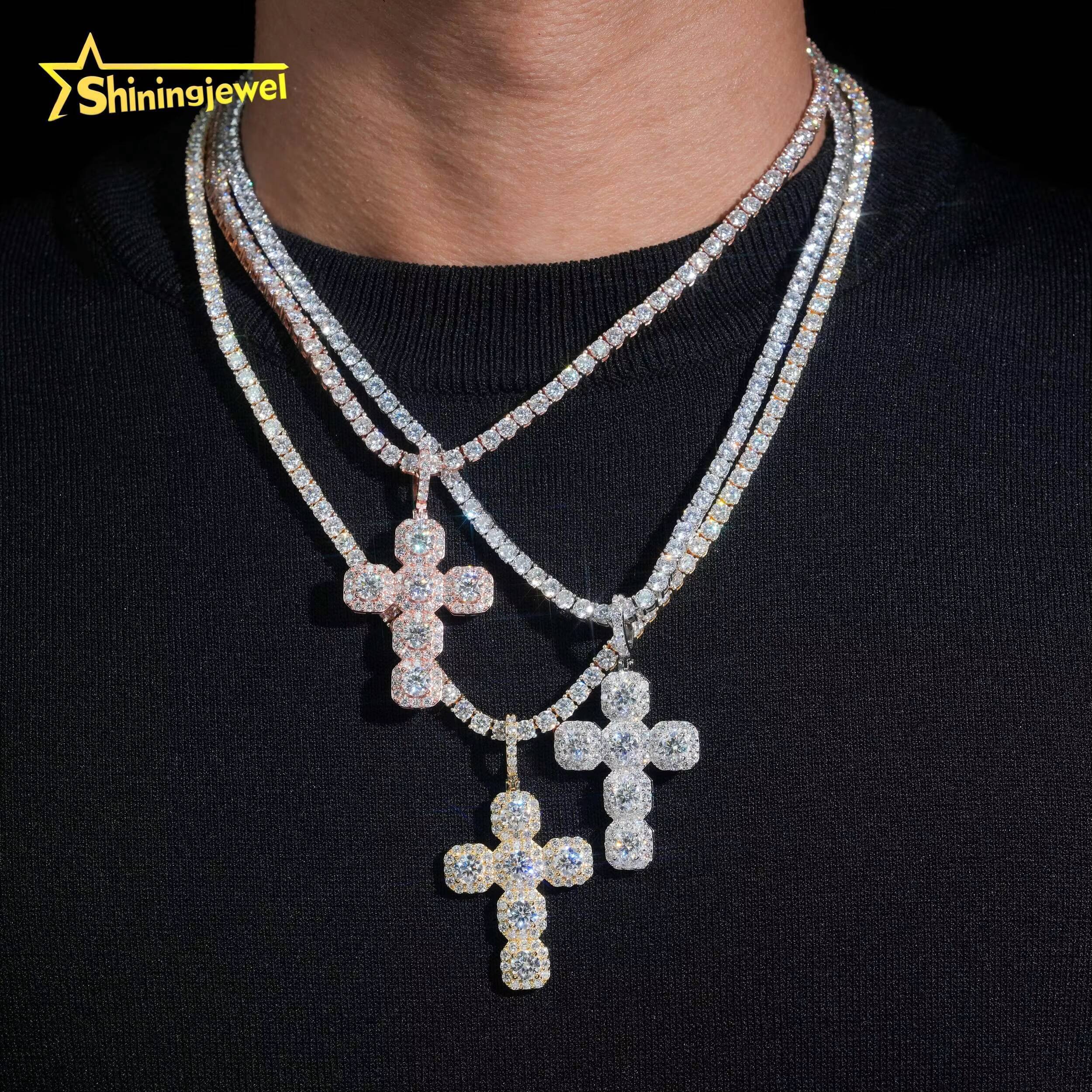 Cluster Design Cross Pendant Pass Diamond Test Moissanite Charms 925 Sterling Silver Gold Plated Hip Hop Iced Out Charm Pendant