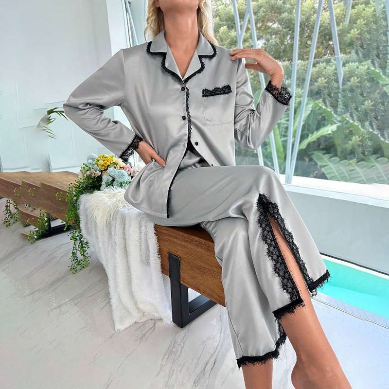Women's Spring/Fall Silk Satin Lace Trim Long-Sleeve Split-Leg Pajama Set for Homewear nightgown retro nightgown nightgown set nightgown nightdre