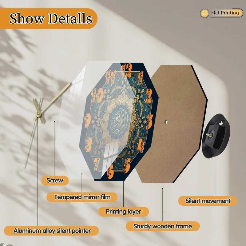 Distinctive Luxurious Arabic Calligraphy Octagonal Blue Wall Clock for Farmhouse and Bedroom Romantic Valentines Day Gift C251015