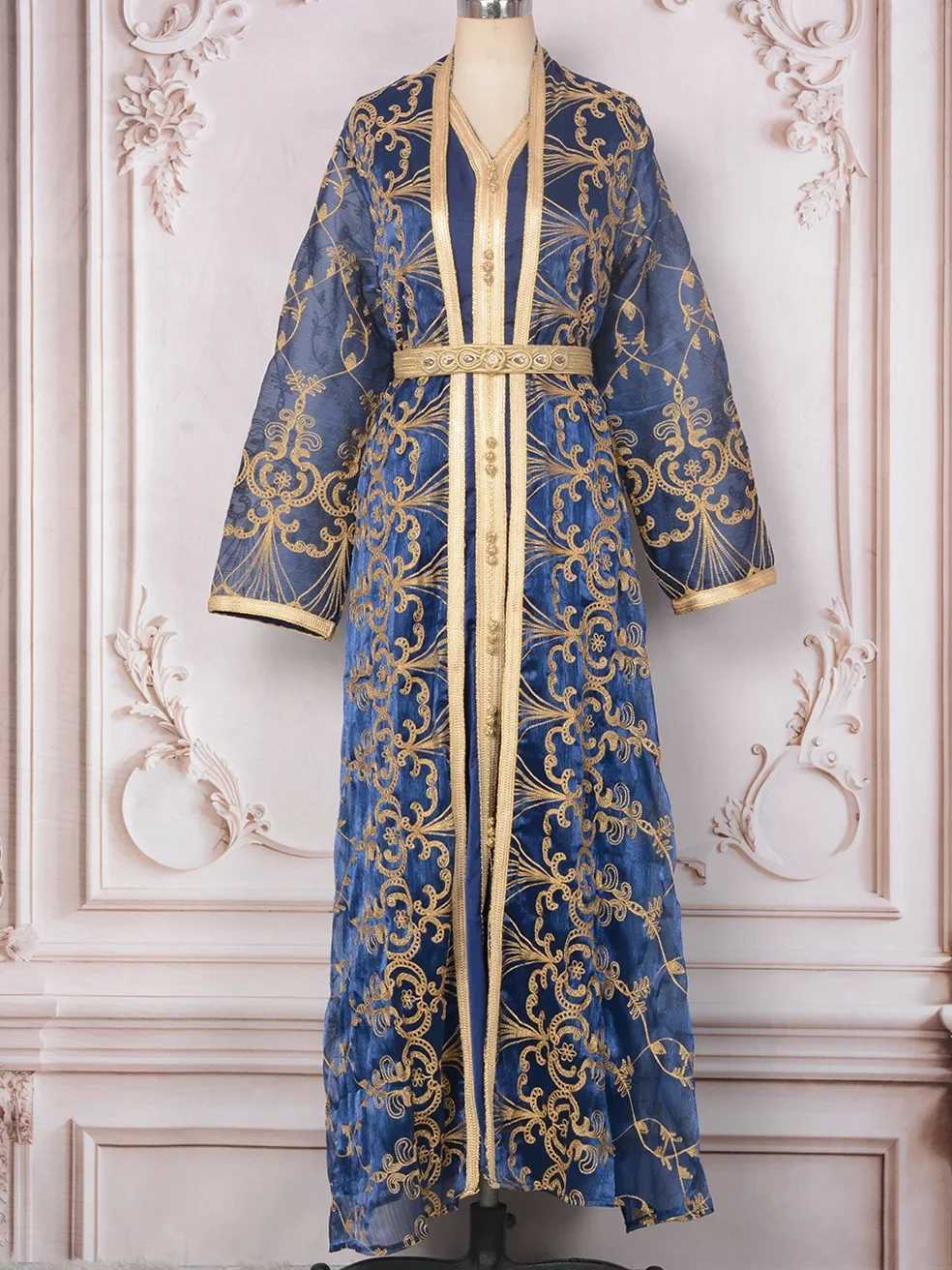 Dresses 2 Piece Set Muslim Women Moroccan Kaftan Embroidery Jalabiya Ramadan Dubai Open Abayas Islam Vestidos Arab Cardigan Robe L251015