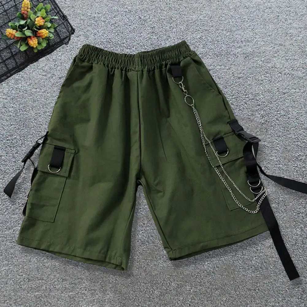 Men Shorts Multi Pockets Chain Strap Decor Casual Shorts MidRise Elastic Waistband Male Shorts Knee Length Men Cargo ShortT251015