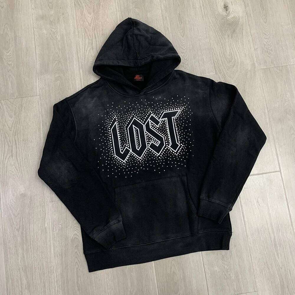 High Street Washed Lost Rhineston Shinning Autumn Mens Hooded Hoodies Vintage Casual Pullover Loose Cotton Sweatshirts Oversized