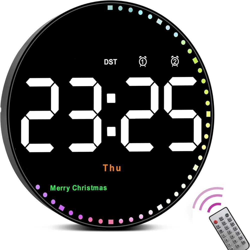 Remote Control LED Wall Clock with Dual AlarmsCalendar and Temperature Display for Home DecorationBrightness Adjustable C251015