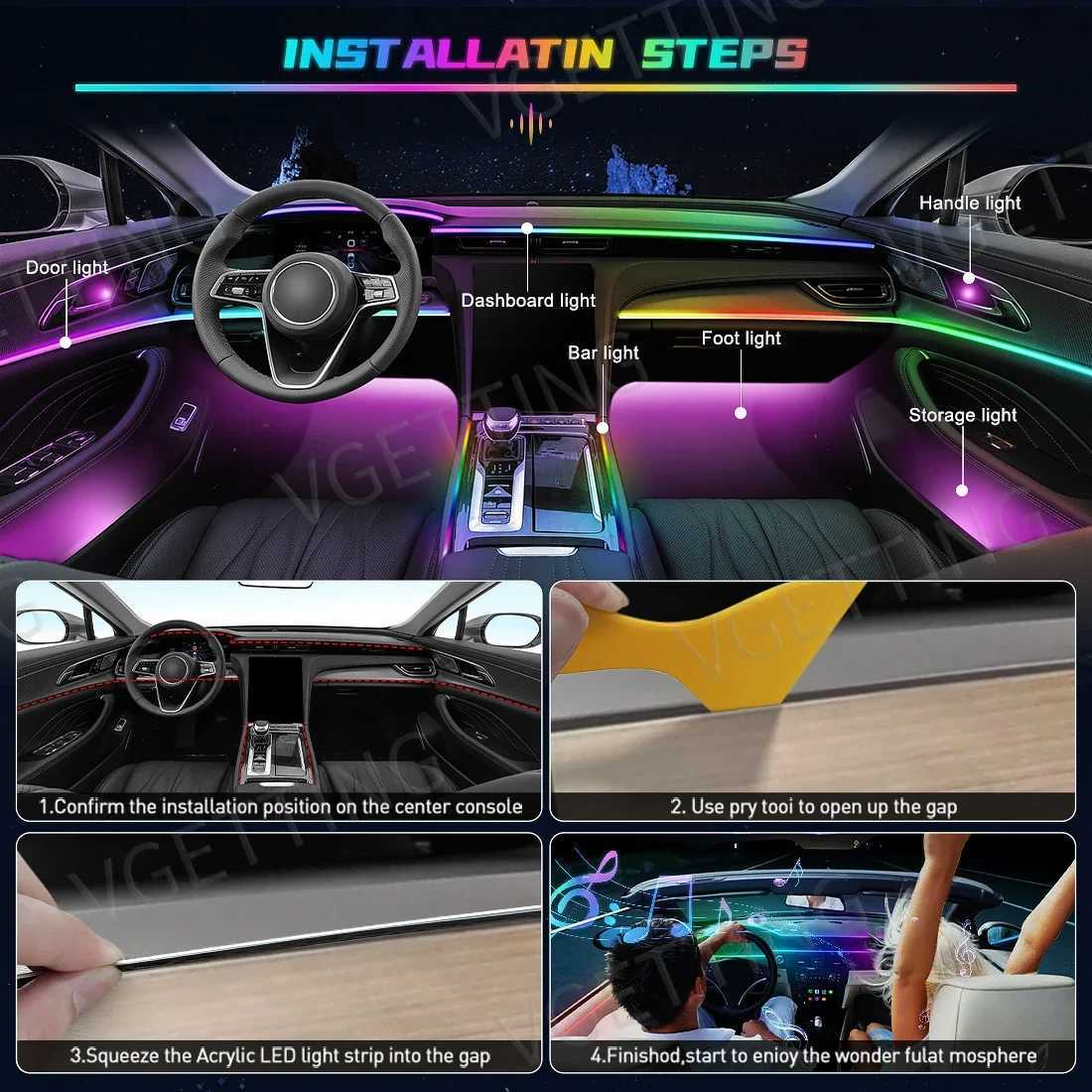Vgetting 18 in 1 Car Ambient Lights Symphony LED Interior Acrylic Strips Atmosphere Light Button APP Control RGB 64 Colors 12V X251015