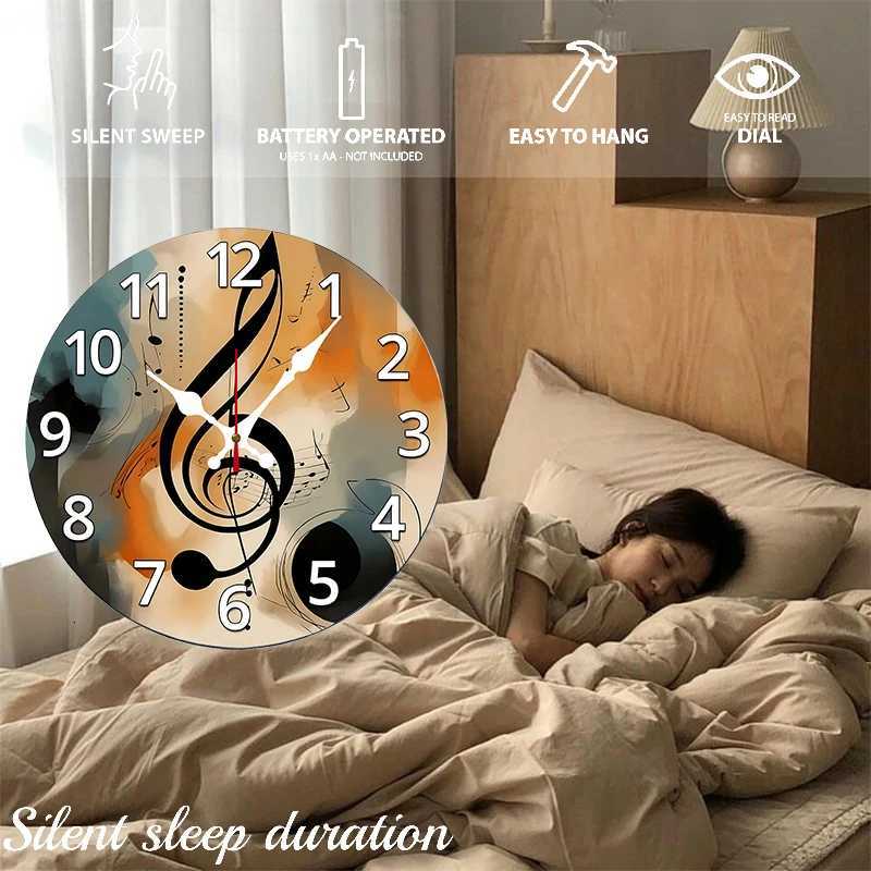 Musical Note Pattern Wooden Round Silent Hanging Wall Clock Suitable For Living RoomOfficeStudy Room BedroomHome Decoration C251015