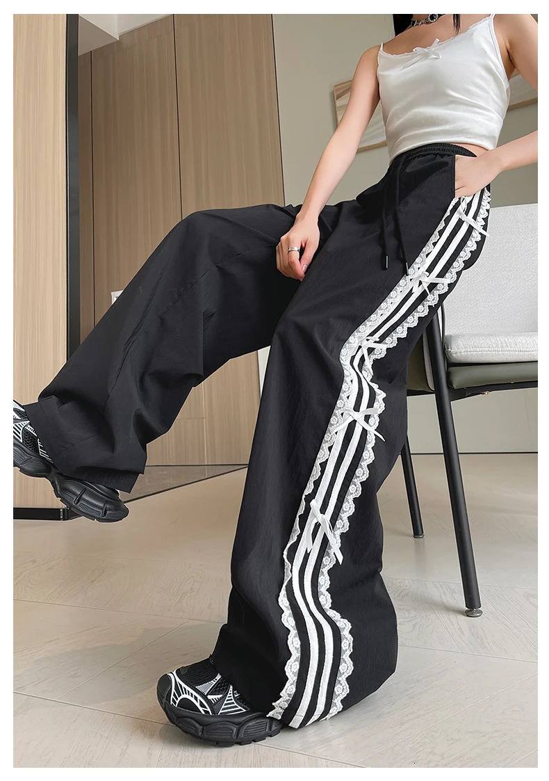Black Trousers Elastic Waist Lace White Edge Strip End Foot Sweatpants Sports Pants Women sweet girls loose casual Z260314