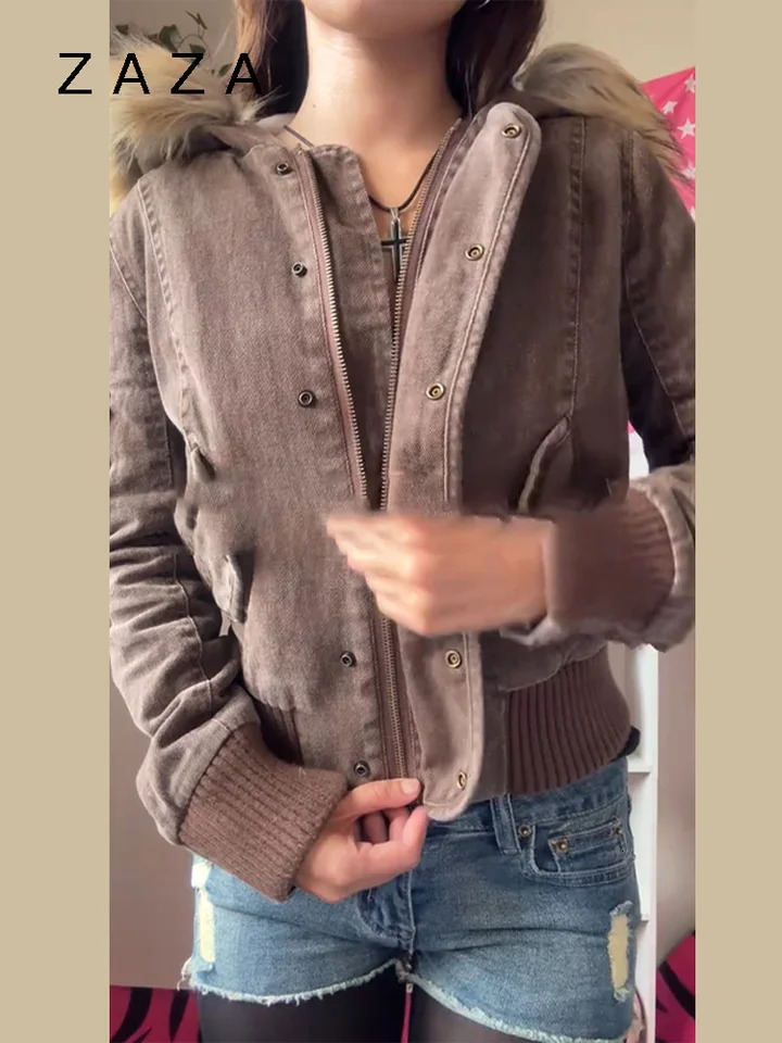 Vintage Brown Fur Collar Hooded Jacket For Women Slim Fit Long Sleeve Pocket Coat 2025 Female Autumn Winter Solid Streetwear 251008