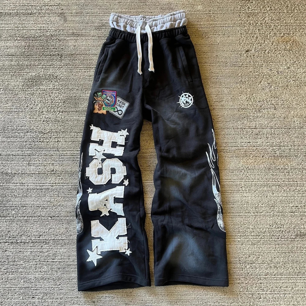 American Sweatpants Y2K Pants Men Gothic Hip Hop Letter Patch Retro Double Layer Baggy Elastic Waist Jogging Casual Pants a251016
