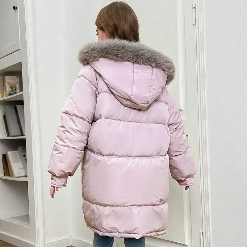 2025 Winter Girls Big Fur Collar Down Cotton Jacket Teen Kid MidLength Thick Warm Windproof Hooded Parka Coat Children SnowwearT251016