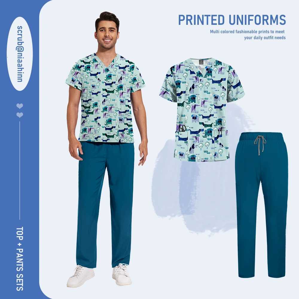 Niaahinn Surgical Uniforms Woman Unisex Printed Vneck Short Sleeved Top Solid Color Straight Pant Set Men Elastic Nurse Uniform X2510161