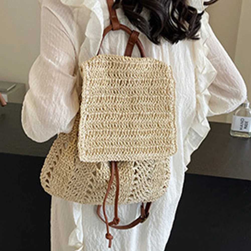 Woven Straw Beach Drawstring Backpack for Women Crochet Shoulder Backpack Flap Drawstring Shoulders Bag for Summer VacationT251016