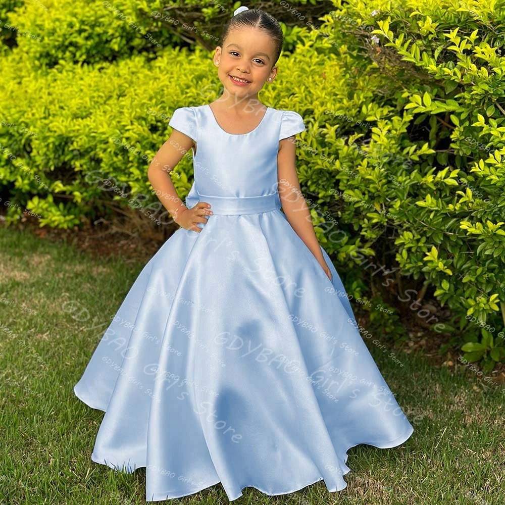 Chic Cap Sleeve First Communion Dress for Kids Satin Bow FloorLength Birthday Party Gown Customized Kids Clothing Flower Girls 251014