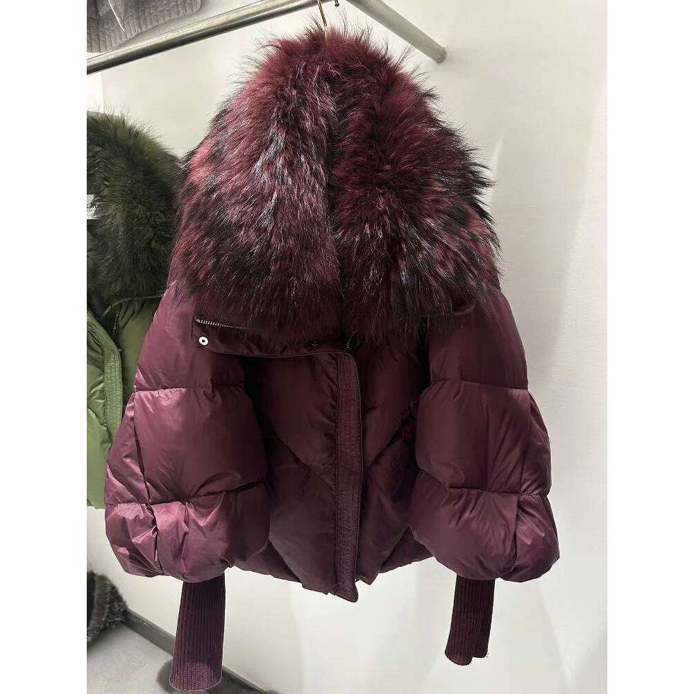 Loose New Fashion Thick Warm Clothes Women Big Real Raccoon Fur Collar Down Coat Female Knit Sleeve Fluffy Puffer Jacket