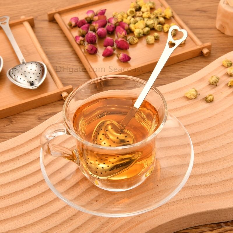 1000pcs Stainless Strainer Heart Shaped Tea Infuser Mesh Ball Herbal Locking Tea Spoon Strainer Steeper With Handle Shower Table Tool