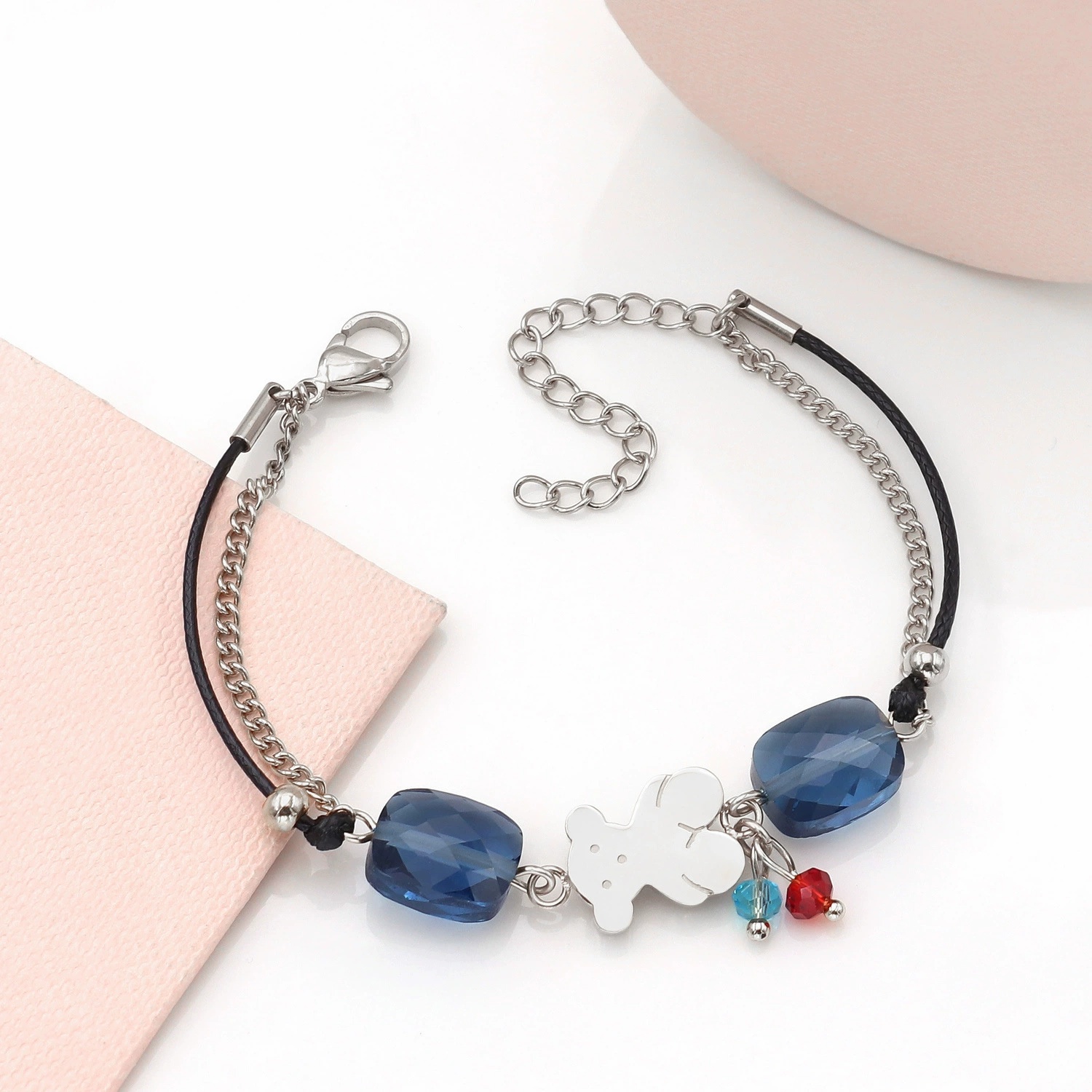 Fashion Women Men Silver Gold Bear Stainless Steel Cartoon Animal Green Blue Brown Bead Ceramics Weave Black Rope Bracelets Jewelry Pulsera Gift