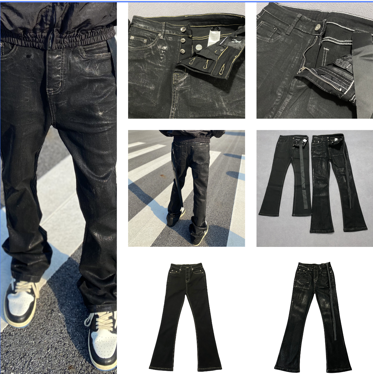 Designer jeans high version style handmade wax pants with slightly flared wide legs and elastic ribbon high street jeans