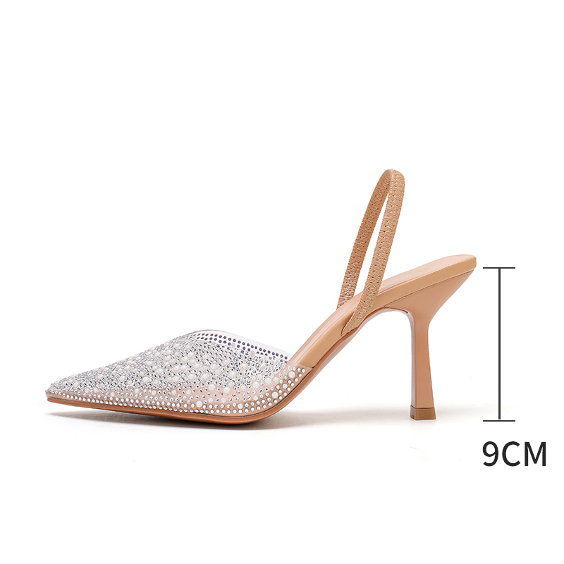 Women's Fashion Apricot Pointed Toe Rhinestone-Embellished Stiletto Heel Mules - TPU & Artificial Leather 9CM High Heel Shoes-25030