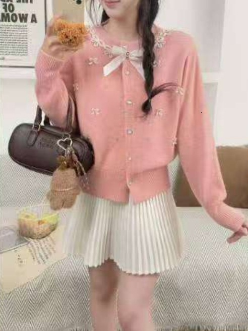 2025 Autumn/Winter design Women's New Top French Thick Bead Bow Knitted Open Knitted Woolen Sweater Soft Designer Jacket Autumn/Winter Versatile 