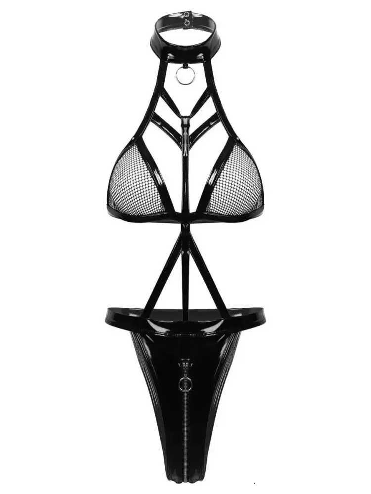 Balck Bandage PU Latex Leather Mesh Bodysuit Women Sexy Lingerie Exotic Teddies Zipper Crotch Catsuit Costumes 2XL Plus Size W251016