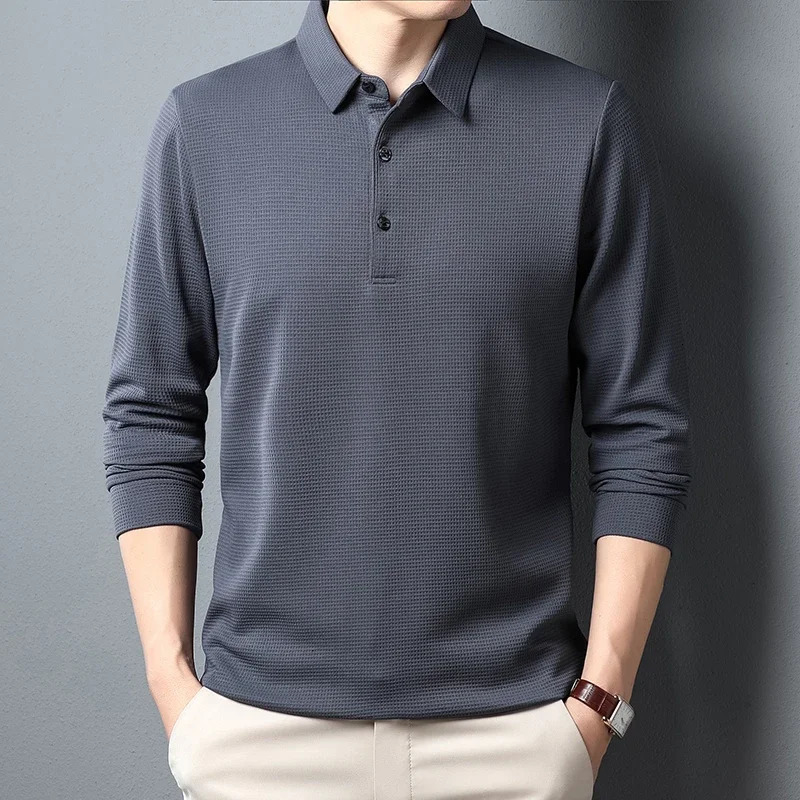 Mens Business Fashion Casual Long Sleeved Shirt Solid Color Polo Shirt Fashionable Breathable Comfortable Versatile Top a251016