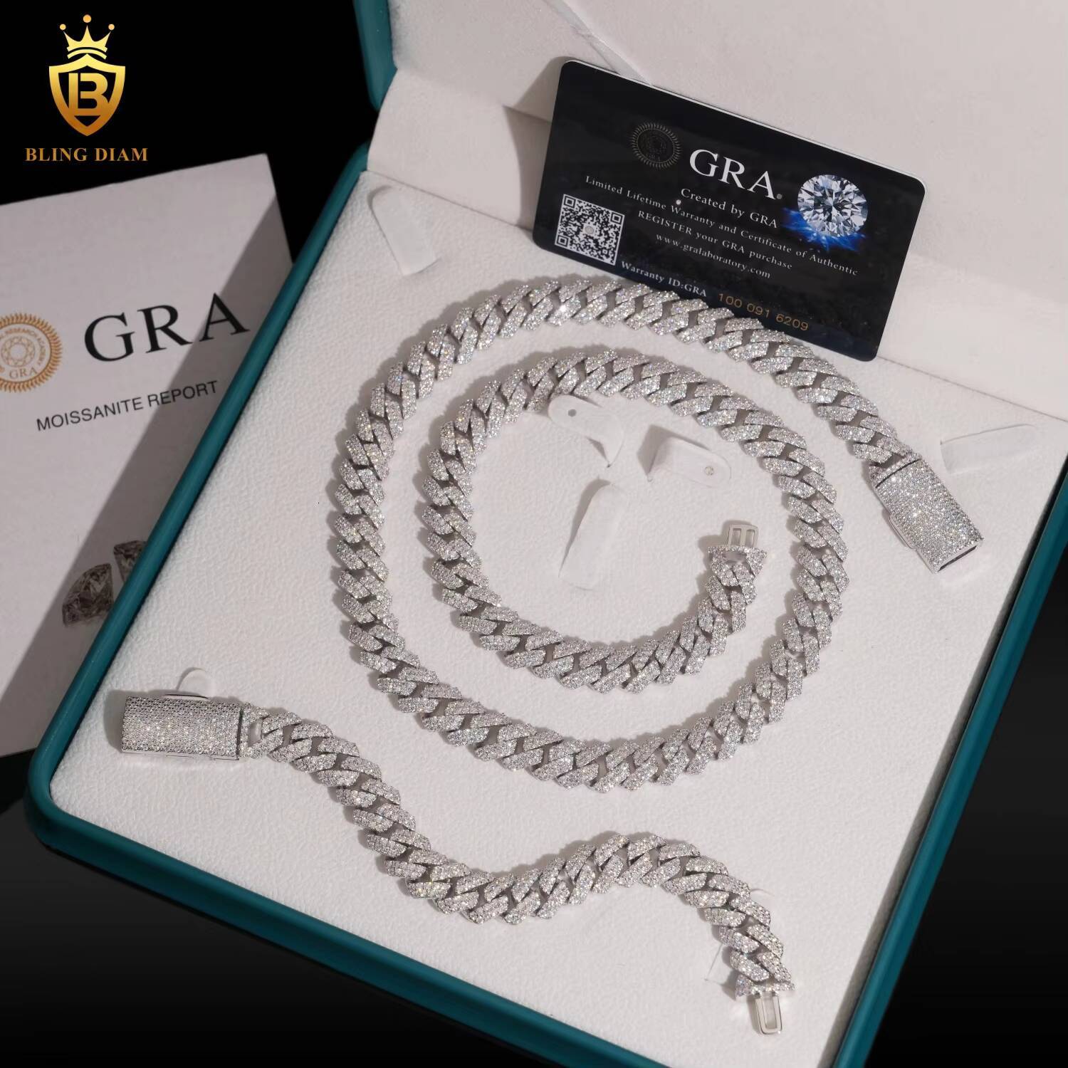 New Product Iced Out Moissanite Necklace Cuban Link Chain HipHop 12mm 925 Silver Moissanite Beaded Chain Pass Diamond Tester GRA