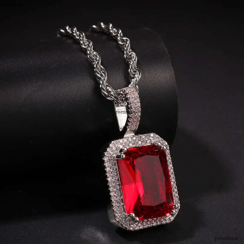 Mens Hip Hop Necklace Jewelry Fashion Fluorescent Square Gem Pendant Red Pink Gemstone Necklaces With 3mm*24inch Twist Chain