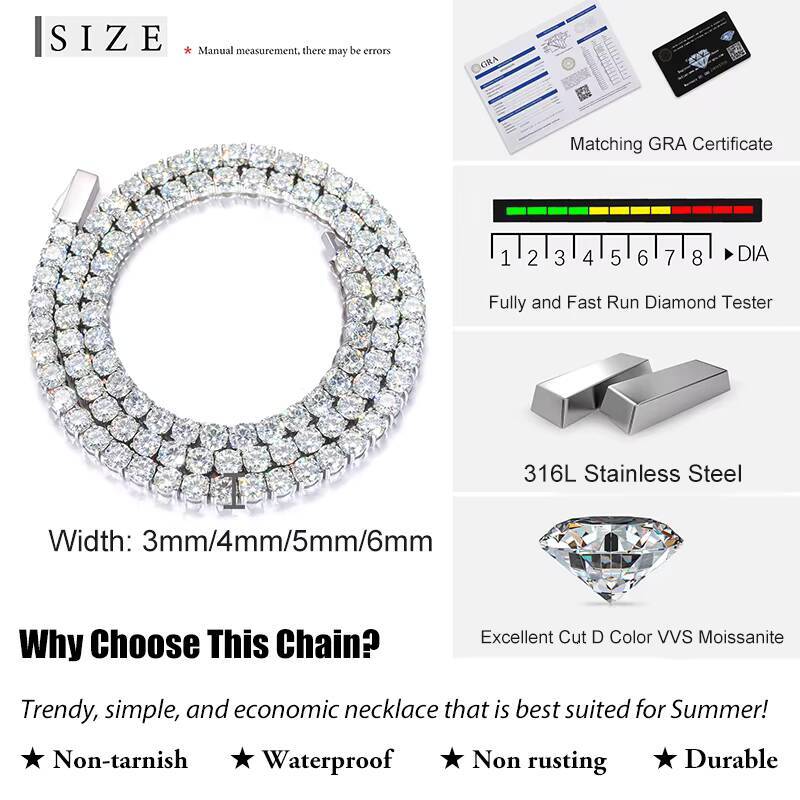 Low Price Waterproof Non Rusting Non Fading Antiallergic Durable Classic VVS Moissanite Tennis Chain Swimming Summer Jewelry