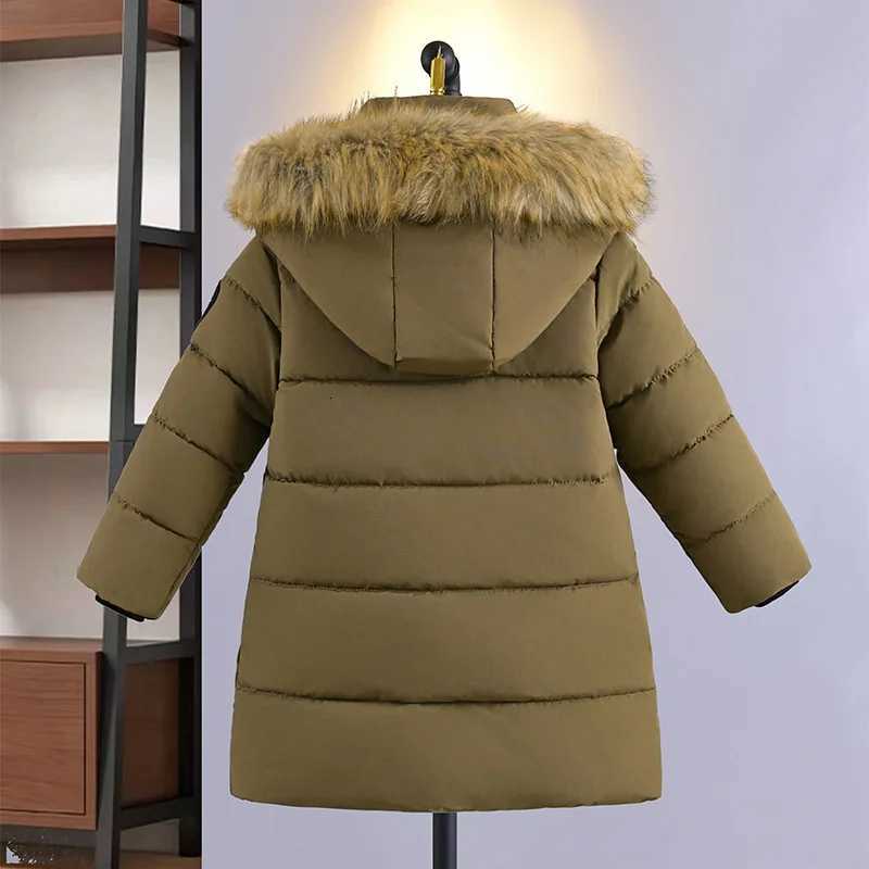 New Big Boy Winter Jacket 30 Warm Thicken Fur Collar Hooded Parka Long Solid Color Lining Plush Cotton Outwear for 510Y KidsT251016