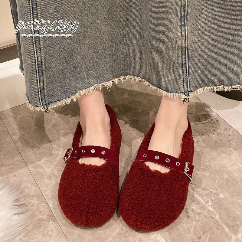 Deep Red Round Toe Lambswool Ballet Flats Woman Warm Plush Belt Buckle Mary Jane Shoes Ladies Fluffy Shallow Loafer 251013