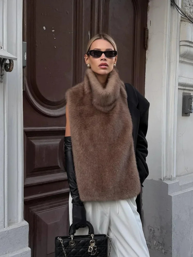 Fashion Faux Fur Vest Crop Top Women Elegant Solid Turtleneck Fluffy Short Tank Tops Winter Female Sleeveless Jacket Coat 251014