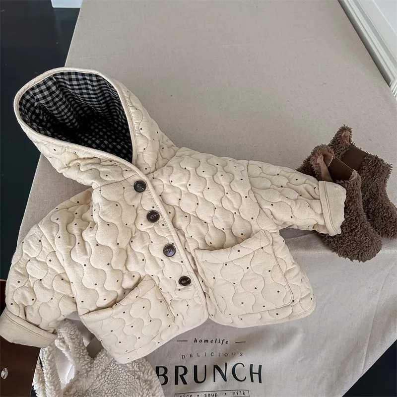 Boys Children Casual Dot Hooded Down Jacket Baby Warm Single Breasted Tops Girls Comfortable Plush Warm Outwear Kids Ribbed CoatT251016