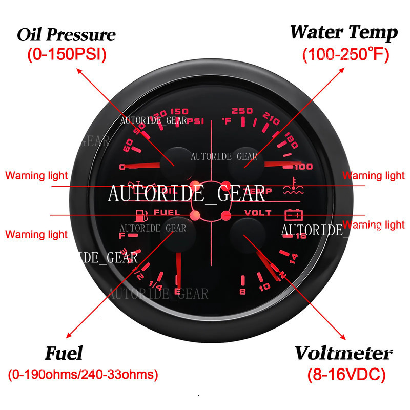 85Mm Oil Pressure Water Temperature VOLT Utor28 Fuel Gauge With Flashing Alarm Light 0-190/240-33Ohm 4 In 1 Meter For Car Boat 12/24V